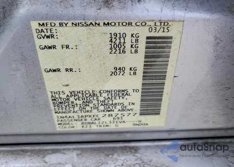 2015 Nissan Altima 2.5 Sv z USA, uszkodzony, nr VIN 1N4AL3APXFC287577